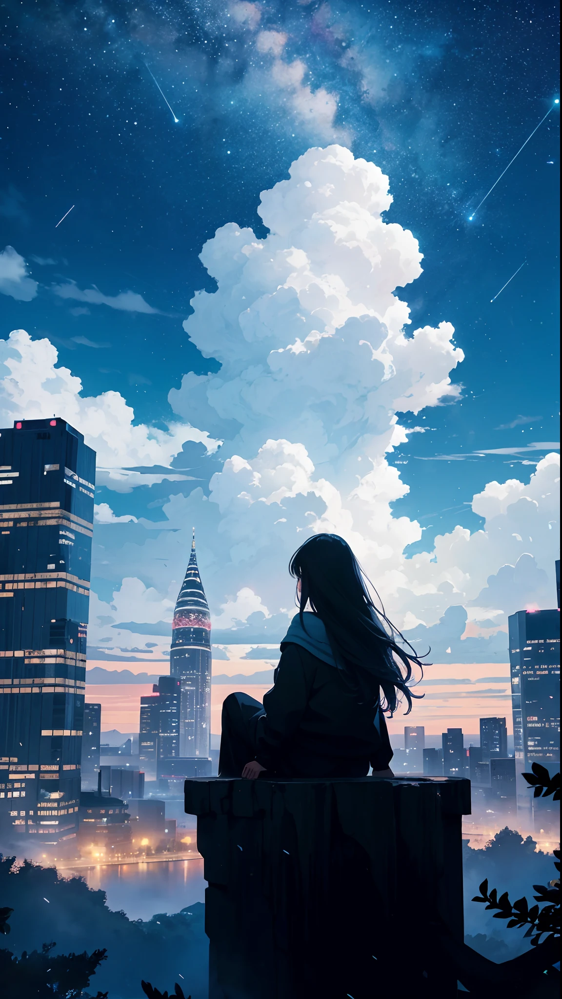 octans, sky, star (sky), scenery, starry sky, night, 1girl, night sky, solo, outdoors, building, cloud, milky way, sitting, tree, long hair, city, silhouette, cityscape --auto