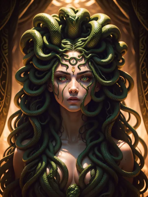 ((Medusa)), ((the hair is composed of countless small snakes)), ((upper body cover with snakes)), (green snake eyes), female face, hands on cheeks, high detailed face, high detailed eyes, 16k, RAW photo, best quality, masterpiece, high detail RAW color pho...
