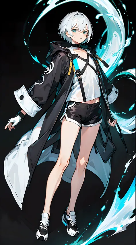 Masterpiece, Best quality, Solo,Boy, White hair,Short hair, (White shirt:1.4),(Black shorts:1.5), blackfootwear, full bodyesbian, shirt, Shorts, Coat, Open coat, view the viewer, Hood, Sneakers, Open clothes, Black coat, (Flat chest:1.7), No breasts,Long s...