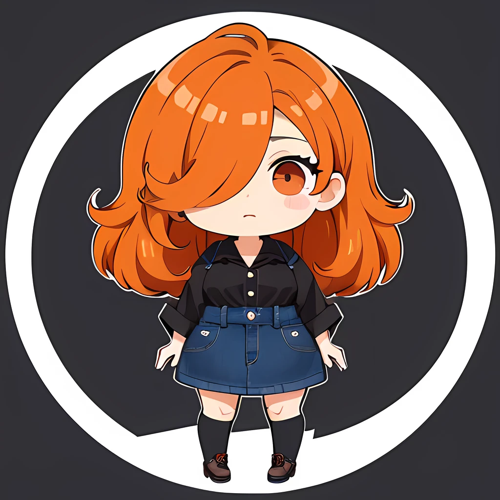 Hair over one eye、One Woman, 独奏, (twitch emote:1), Chibi, Brown hair, Black eyes, , comic strip, white backgrounid, a sticker, Thick black outline,Denim dresses、Black blouse、hair down、Orange hair、、brown haired、Denim Long Skirt