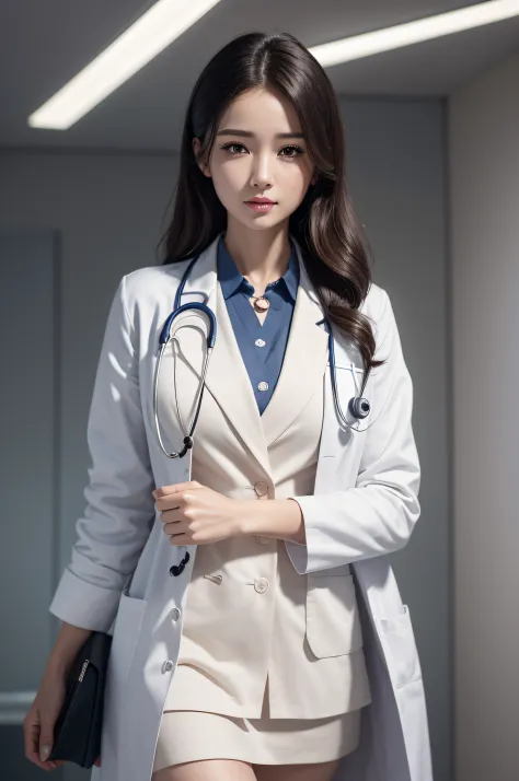 Photorealistic beautiful doctor、stunningly beautiful、doctors white coat, Collared shirt、(top-quality、8K、32K、​masterpiece、nffsw:1...