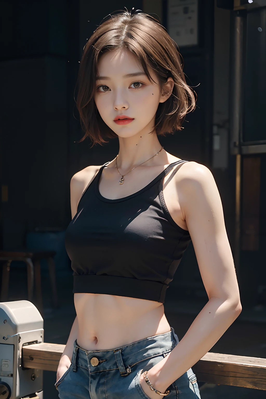 ((middlebreast,Tomboyish,small heads)), (Well-defined abs: 1.1), (perfect bodies: 1.1), (Short wave hair: 1.2), Russet hair, collars, chain, Full body photo, crowding street, wearing a black tank top，Uniforms，（（shorter pants）），（Extremely detailed CG 8k wallpaper），（Extremely refined and beautiful），（tmasterpiece），（best qualtiy：1.0），（超A high resolution：1.0），beautiful light up，Perfect lightning，realistic shaded，[A high resolution]，Delicate skin，ultra - detailed (((colorful)))