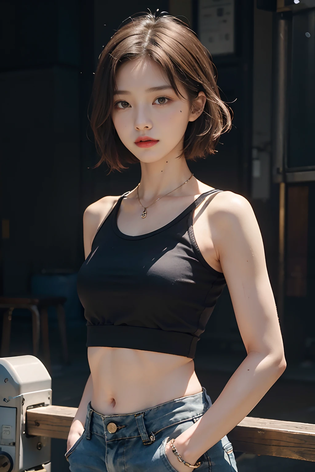 ((middlebreast,Tomboyish,small heads)), (Well-defined abs: 1.1), (perfect bodies: 1.1), (Short wave hair: 1.2), Russet hair, collars, chain, Full body photo, crowding street, wearing a black tank top，校服，（（shorter pants）），（极其细致的CG 8k壁纸），（Extremely refined and beautiful），（tmasterpiece），（best qualtiy：1.0），（超A high resolution：1.0），beautiful light up，Perfect lightning，realistic shaded，[A high resolution]，Delicate skin，ultra - detailed (((colorful)))