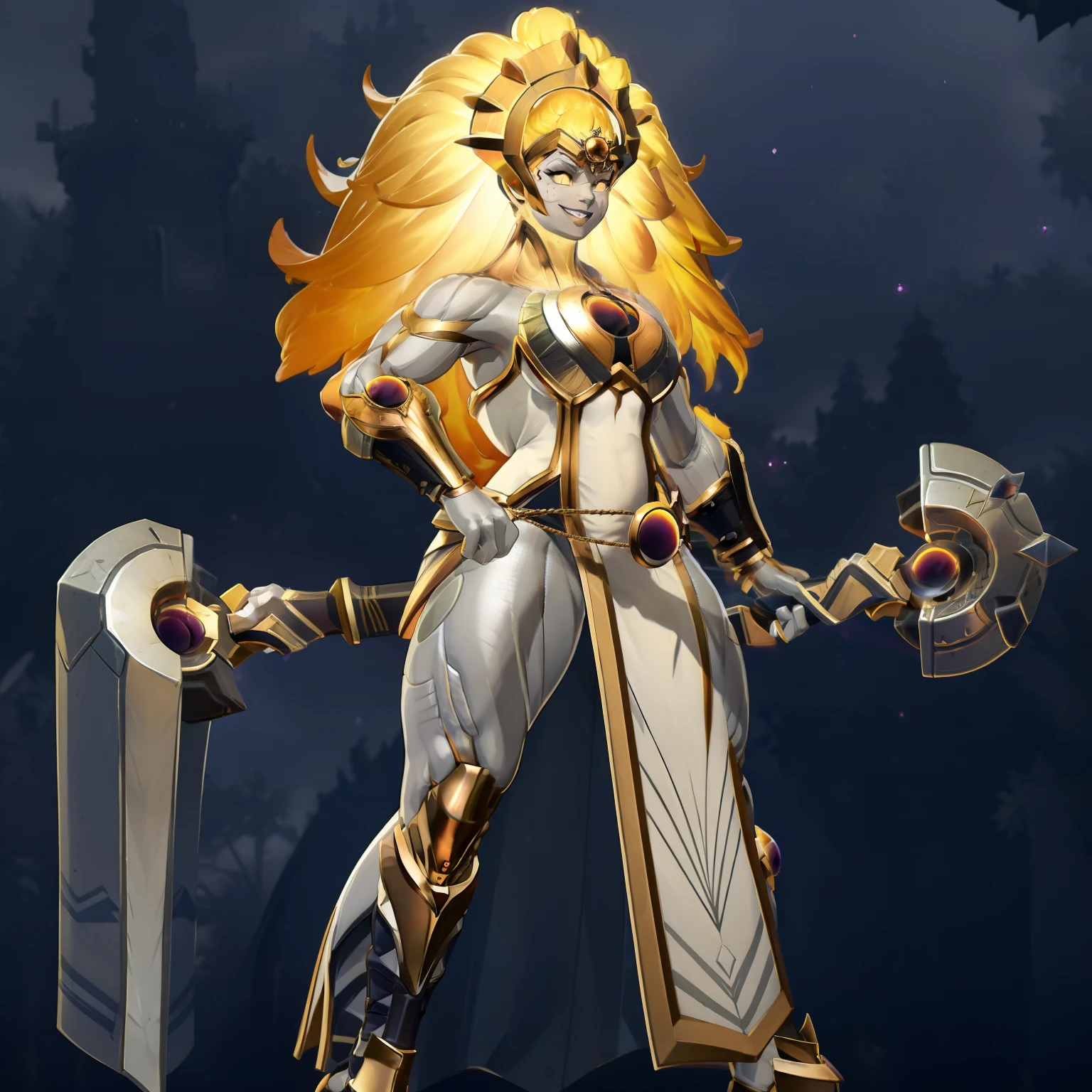 dawnbreakerdota, 1girl, glowing hair, yellow eyes, glowing eyes, blonde hair, colored skin, grey skin, armor, breastplate, long hair, breasts, dress, long hair, no panties, pelvic curtain, solo, thick thighs, muscular, wide hips, smile, solar temple, fgo sprite, perfect anatomy, better hands