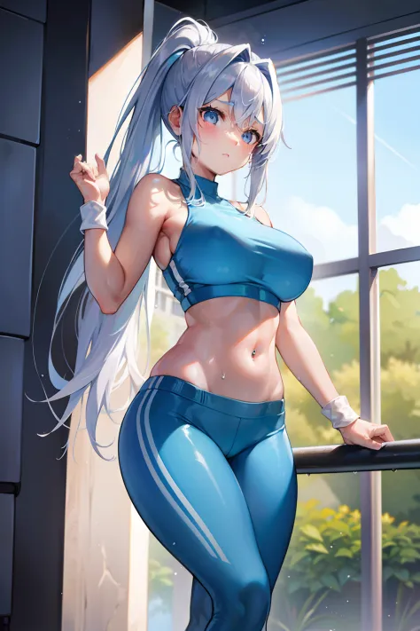 fitness gym、Wet light blue fitness wear and leggings、Navel Ejection、sprit standing、poneyTail、White hair、wristbands、Colossal tits、perspiring、abdominals、belly button piercing、low angles