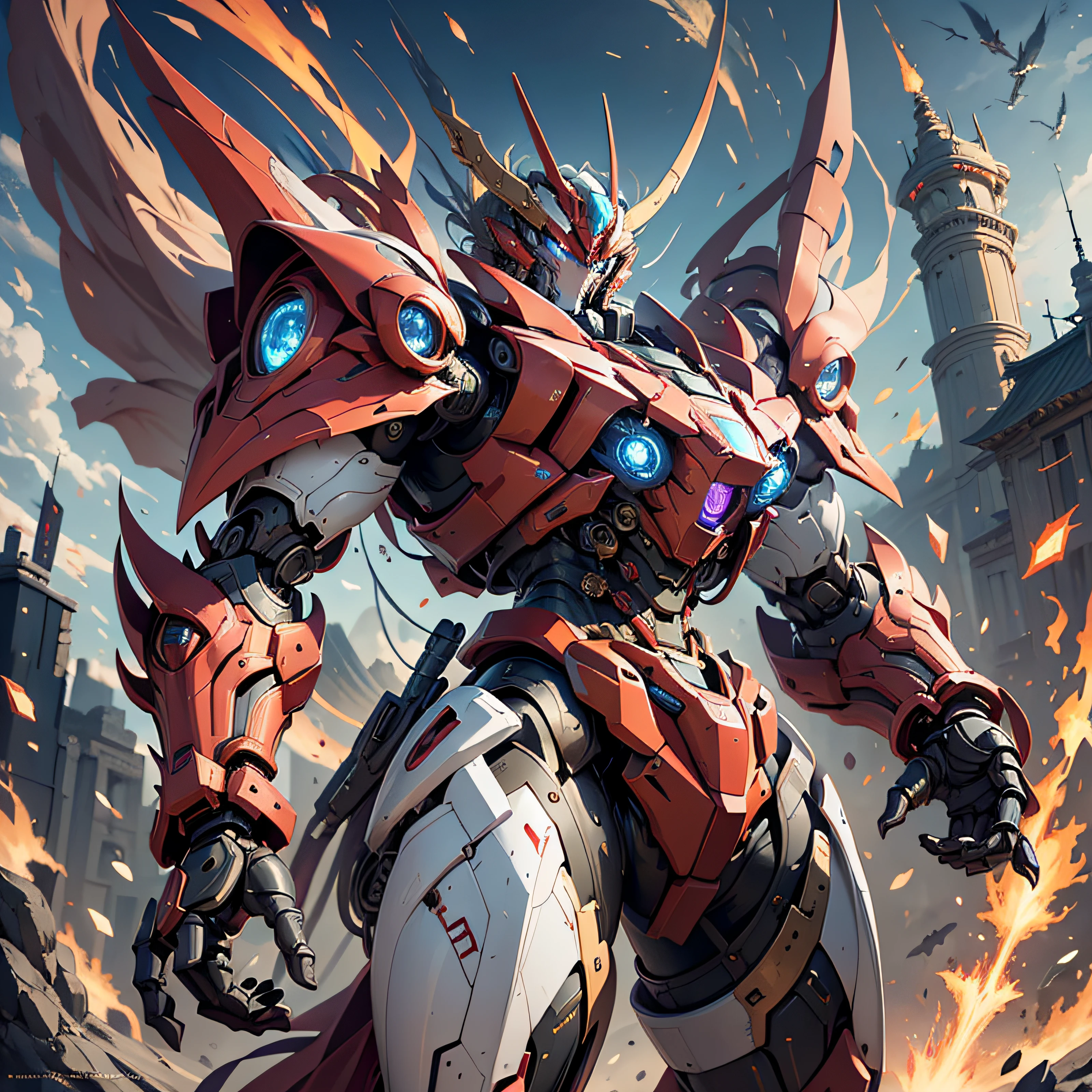 Close-up of red robot poster, Mobile Suit, zmonzheng, xianxia hero, 1/100 obturation speed, drak, sleek mecha female dragon head, Robot mech faucet, pterodactyl mecha, zhao yun，With weapons，Fighting posture