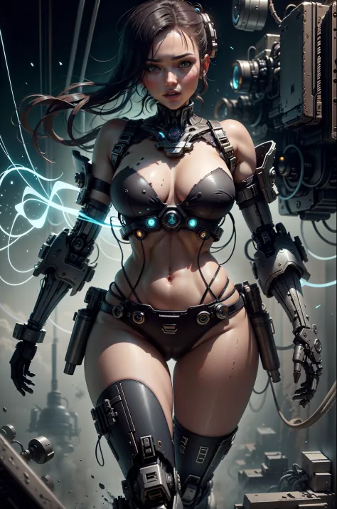（（best qualtiy））， （（tmasterpiece））， （The is very detailed：1.3）， sci-fi mech， Beautiful cyberpunk woman wearing mech，Bare with thighs，Wear mecha-style boots，Bare shoulders and upper arms，Mecha-style gloves，Bare abdomen and navel，lean legs，Carry a weapon，Wea...