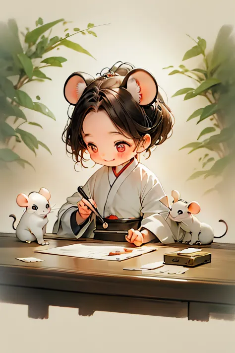 a cute mouse，chineseZodiac，Smiling，The eyelashes are very long，art-deco, High detail, concept-art, romanticism lain, Ghibli styl...