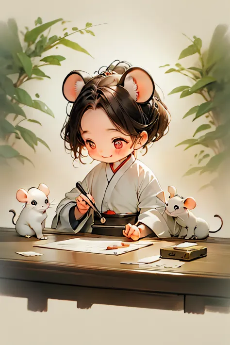 a cute mouse，chinesezodiac，smiling，the eyelashes are very long，art-deco, high detail, concept-art, romanticism lain, ghibli styl...