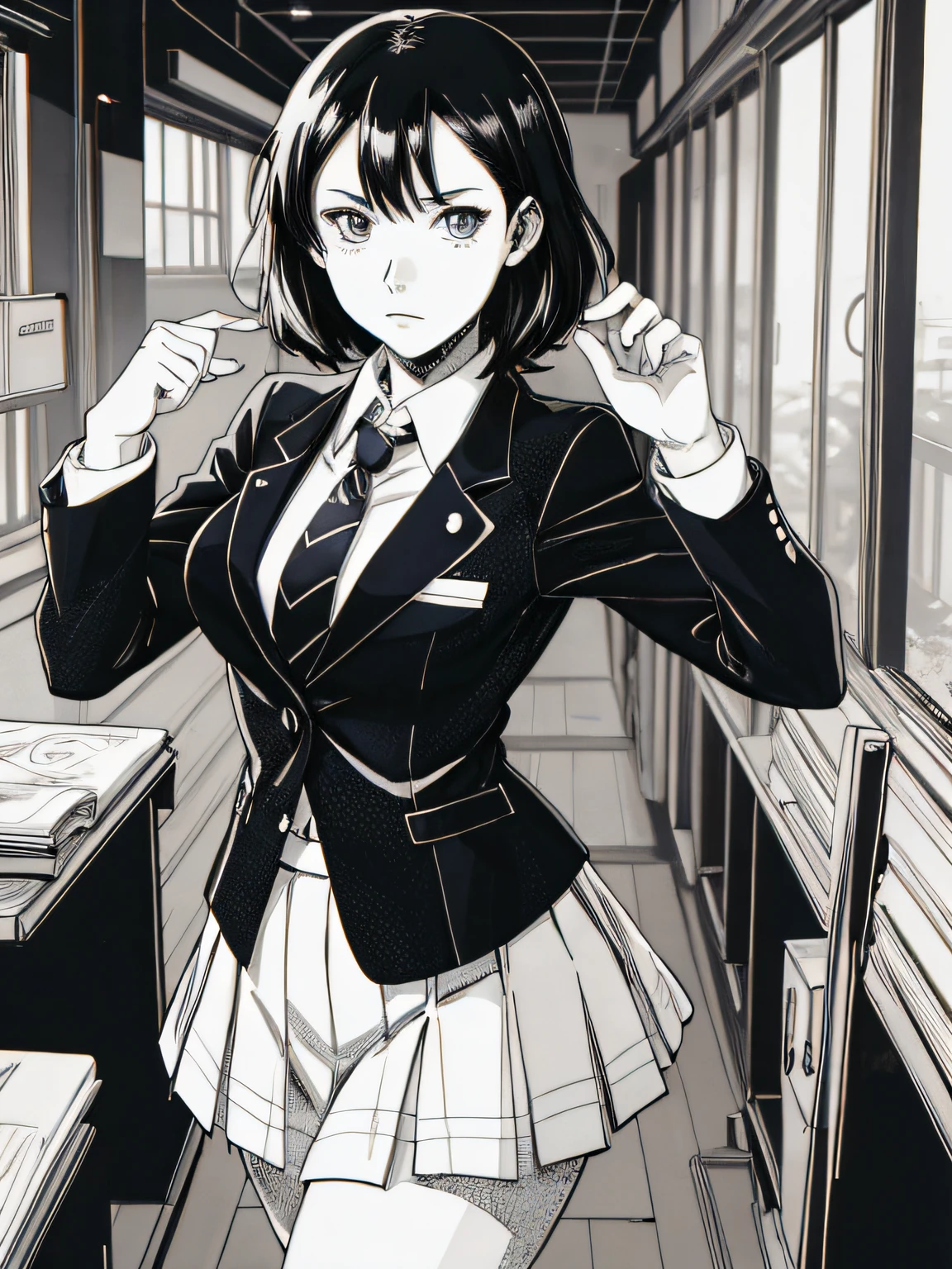 of the highest quality, Best Quality,超A high resolution, hight resolution, (masutepiece), (Comic noir style illustration), (linear art_Anime),(black-and-white:1.0),(monotone_highcontrast),hi-school girl,high-school uniform、neck tie、blazers、skirt by the,Inside the school_the complex background,(lora Add More Detail:0.6)
