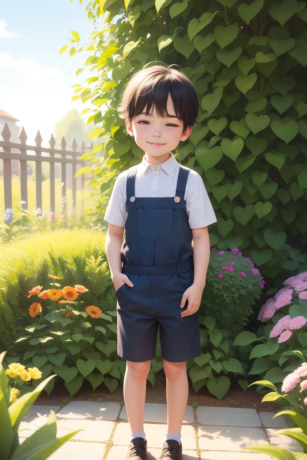 illustration, livre pour enfants, Un enfant de 5 ans ,le garçon à l&#39;atmosphère mystérieuse est dans le jardin avec un sourire aux lèvres.