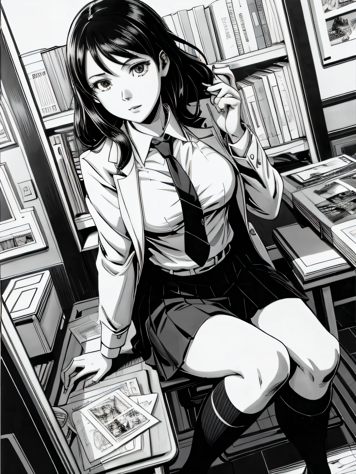 of the highest quality, Best Quality,超A high resolution, hight resolution, (masutepiece), (Comic noir style illustration), (linear art_Anime),(black-and-white:1.0),(monotone_highcontrast),hi-school girl,high-school uniform、neck tie、blazers、skirt by the,Inside the school_the complex background,(Lora Add Details:0.6)