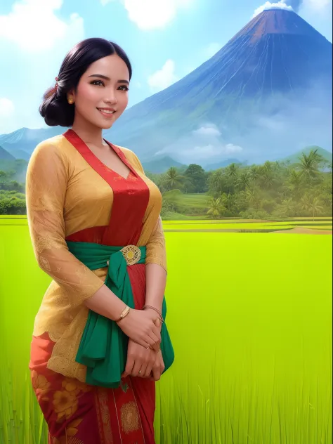 A Gorgeous black haired female Indonesian West Javanese Rice Farmer wears light green kebaya dress with a happy face and light laugh, nurturing her just about to crop rice at her vast rice field with beautiful volcano in background, bamboo hut and bamboo w...