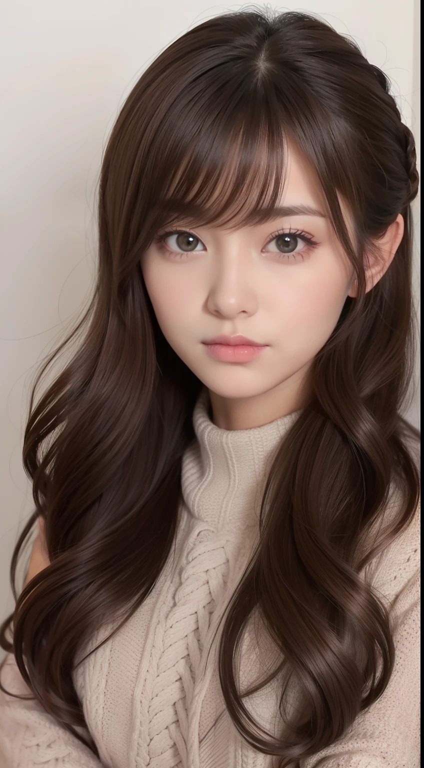 A "Girlish" Autumn Style Hair Catalog Page/Winter casual wear. The hairstyle features soft side sweeping bangs, Medium length hair with soft waves of dark brown and mocha brown. Another option is、It's a bun hairstyle. The overall appearance is soft, zora々Right, and playfulness, Ideal for a casual day in the cooler months.