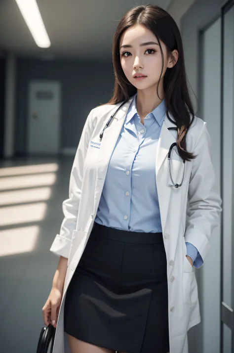 Photorealistic beautiful doctor、stunningly beautiful、doctors white coat, Collared shirt、(top-quality、8K、32K、​masterpiece、nffsw:1.3)、超A high resolution,(Photorealsitic:1.4),Raw photography, Detailed face,,Beautiful hair, ((Doctor Style)), , Black tight skir...