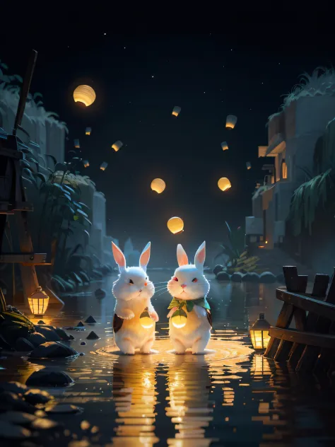 There were two rabbits standing in the water, ，The moon shines in the night sky，Many Kong Ming lanterns in the sky，Cute detailed digital art, adorable digital art, lovely digital painting, cute 3 d render, A beautiful artwork illustration, atey ghailan 8 k...