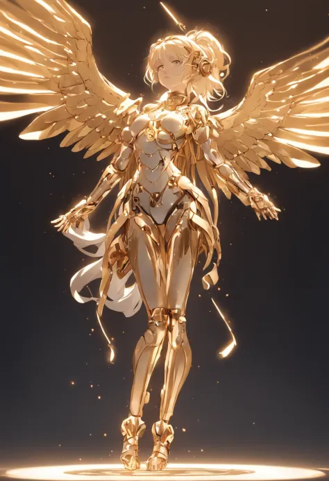 Mechanical style,Gold Theme,(1 mechanical female angel,anatomically correct,full body, golden wings,standing,circular base),Black and white background, (3D render,Cinematic Lighting, Chiaroscuro)