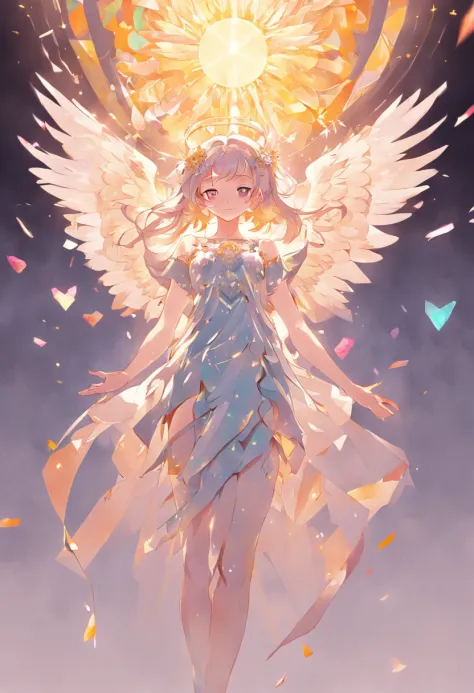 (full-body shot:1.4),  White background, (1 angel girl,shining wings, halo, exquisite headdress, smile), (paper art, Quilted paper art, geomerty), extremely colorful