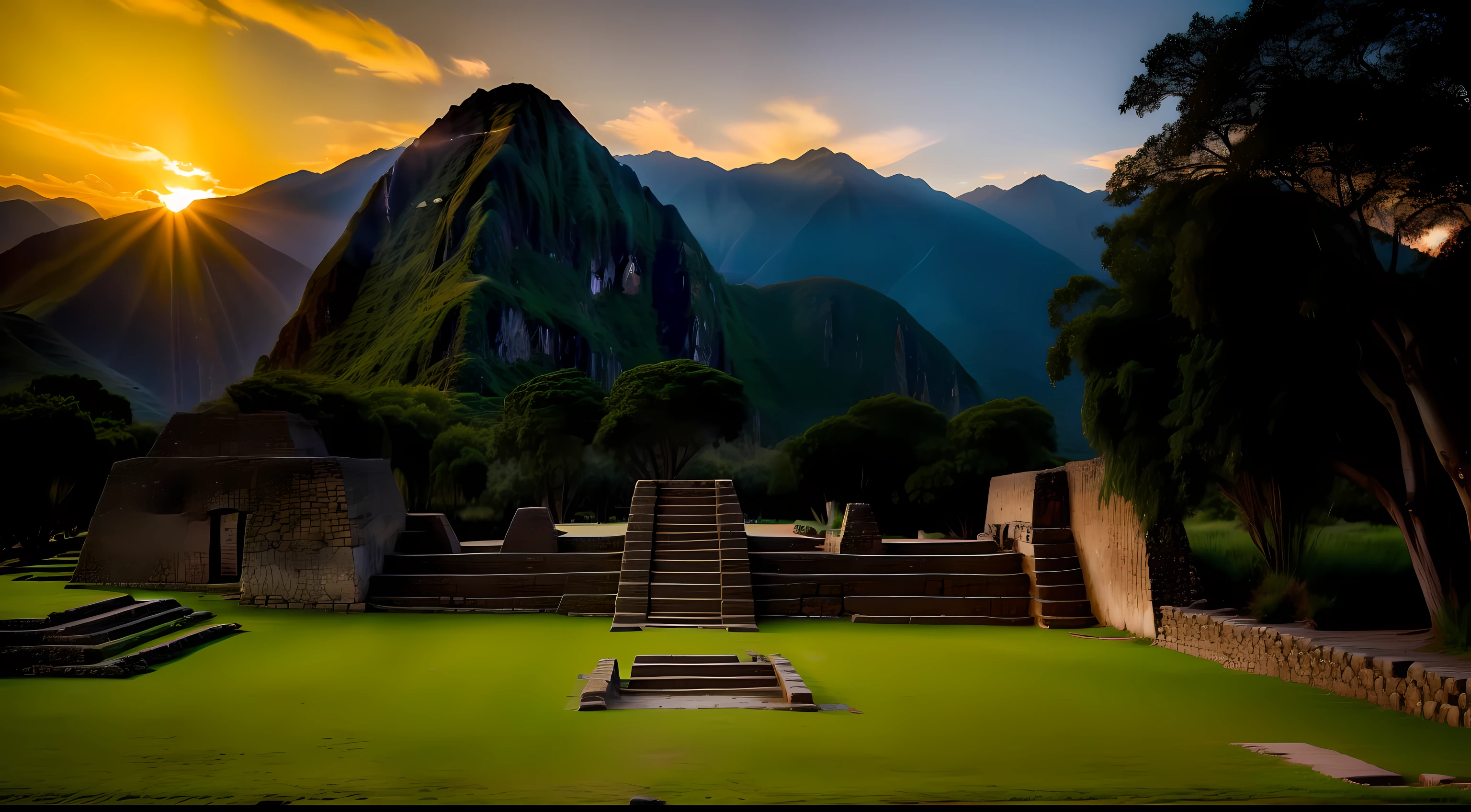 ancient inca ruins, Pirámides incas en ruinas, césped verde, muchos arboles, atardecer, 8K