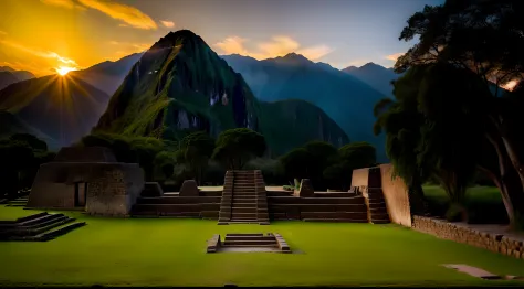 ancient inca ruins, inca piramids in ruins, green grass, lots of trees, sunset, 8k