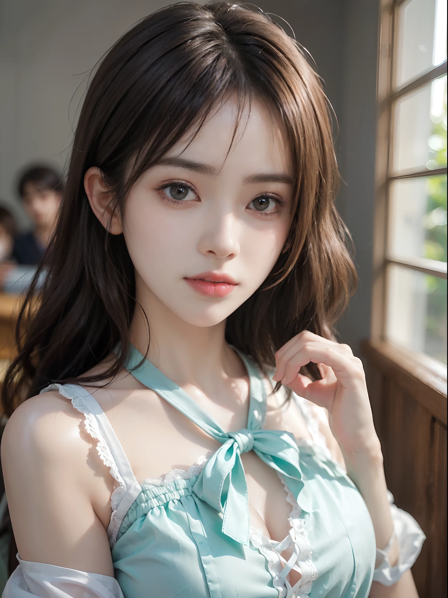 wears、(photoRealstic:1.4)、(hyper realisitc:1.4)、(reallistic:1.3)、(Smooth lighting:1.05)、(Improved cinematic lighting quality:0.9)、32K、1girl in、Japan women、Realistic lighting、back Lighting、Facial Lights、Ray tracing、(brightened light:1.2)、(Quality improvement:1.4)、(Realistic textured skin of the highest quality:1.4)、Fine Detailed Eyes、A detailed face、Fine quality eye、Brown eyes、(Moist pale pink lips moist and reflecting light)、(Tired, Sleepy and Satisfied: 0.0)、Mint green floral silk blouse、Ruffles and lace、ribbon ties with thin strings、Dark brown hair、She wears shorts, Manicured bangs on the forehead.、shairband、one adult woman with a faint smile、(white backgrounid)