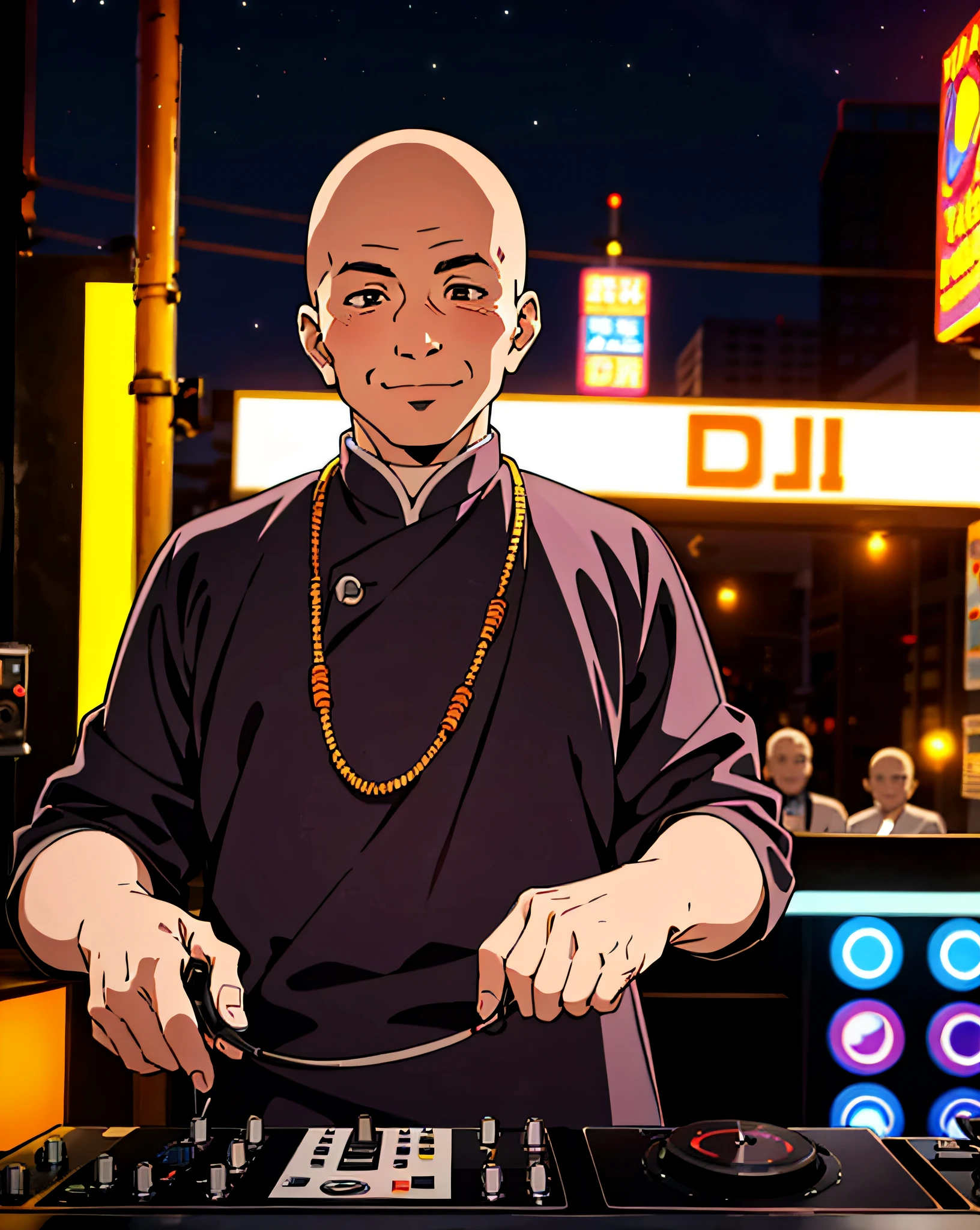 Illustration of a Tibetan elder fat monk playing a DJ.
the monk has skin head and fat body, old man, 
A scene in which a monk in a black monk's robe with a shaved head is operating a DJ player in front of the DJ booth. age of 55, 
In the background, the neon lights of a night club shine.
The monk has a smile on his face, and he seems to be enjoying himself as a DJ.
The people around me are dancing to the monk's DJ.