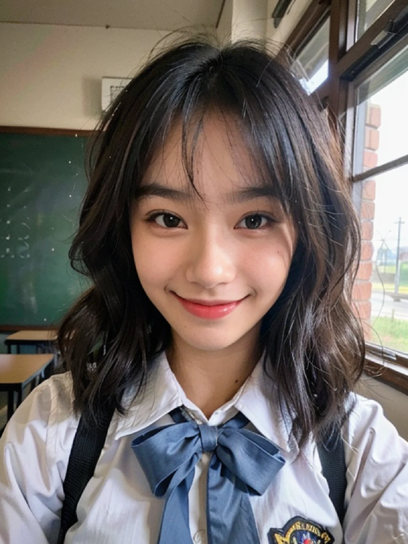 (RAW photo:1.2), ((photorealistic:1.4),(masterpiece:1.3),(best quality:1.4),ultra high res,(detailed facial features),(detailed clothes features),HDR,8k resolution, 1girl, school girl, in the classroom, blush, smile