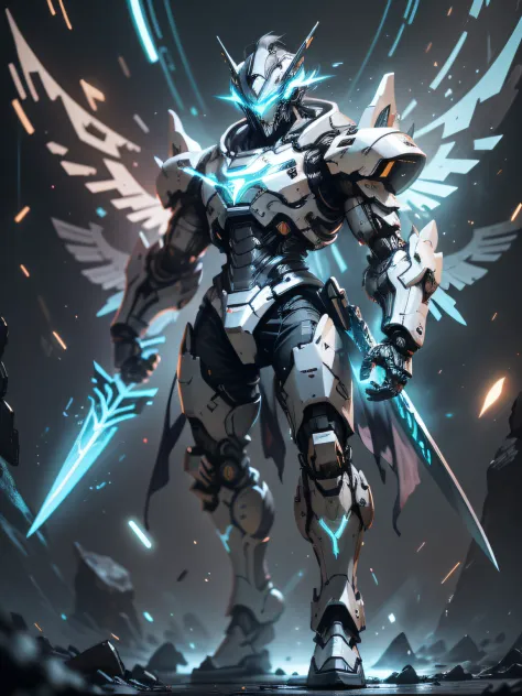 Blue Ghost Hunter, super cool Ghost Killer, has huge mechanical wings, wears blue mechanical armor, lightning surrounds, holds a katana, comes with great momentum, frontal perspective, perfect body proportions, tall figure, full body photo, super detail, r...
