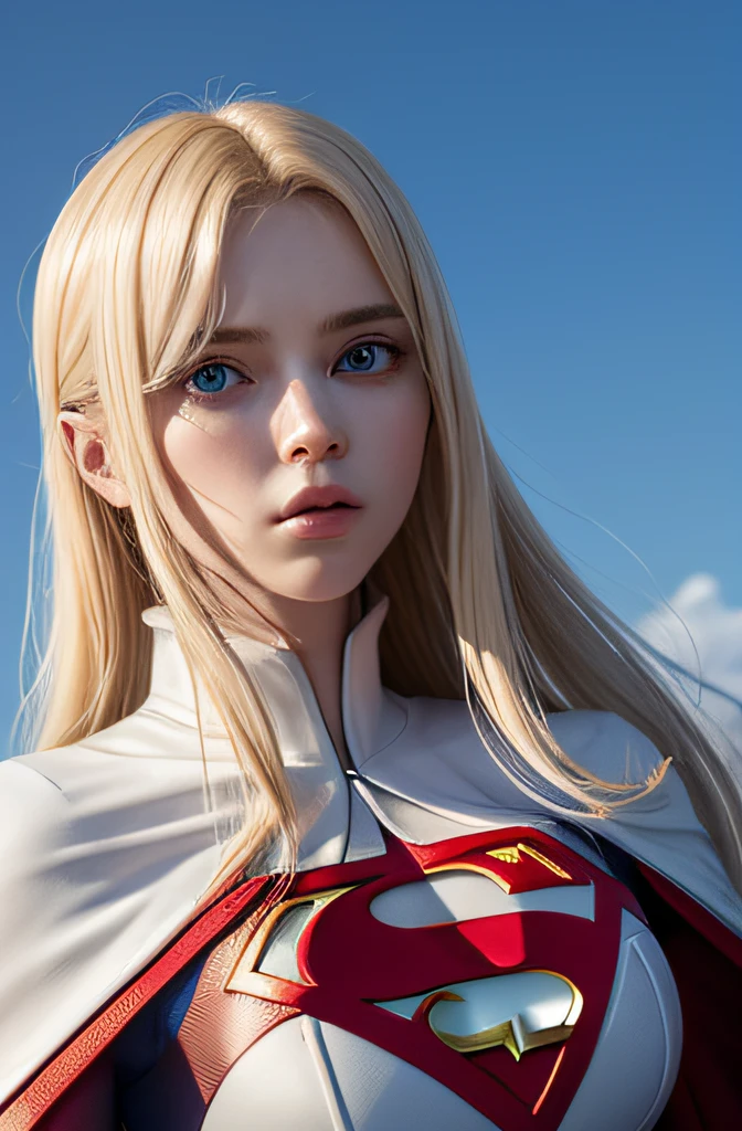 8K，Best quality at best，Real picture，Complicated details，A capital X on the chest，ultra - detailed，超高分辨率，Depth field，（真实感，Fidelity：1.2），tmasterpiece，European girl，Photo of Supergirl，（Bruises，grimy，torn laundry，Clothing that exposes，bloods:1.3), eBlue eyes, blond hairbl, long whitr hair, Tear the cloak, Tear pantyhose, super heroes, 独奏, suns, blue-sky, best qualtiy, realisticlying, realisticlying, (complexdetails:1.2), (exquisitedetails), (cinematric light), 清晰的线条, Clear focus, photorealiscic face, A detailed face, Unified 8K wallpapers, 超高分辨率, (真实感:1.4), looking at viewert