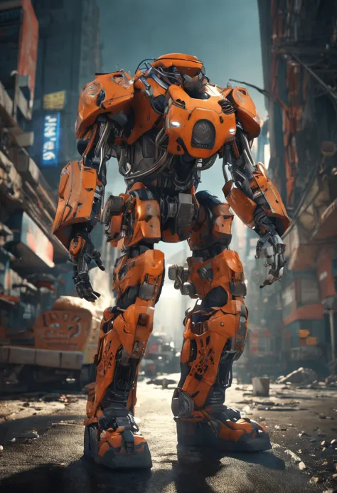 (anthropomorphism:1.5),(Full Body Shot), Cyberpunk, In the middle, 1 Orange Tiger mecha(Mechanical style Orange Tiger head, Blue glowing goggles, Gas mask, muscular limbs, muscular body), Standing on two legs, mechanical miracle, damaged Machine element,no...