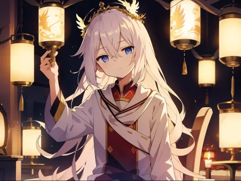 long white hair shawl，a beautiful face，but the expression is sad，wearing a gorgeous phoenix crown。crooked in his chair and rolle...