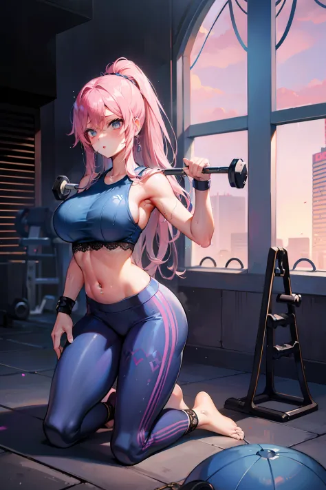 fitness gym、Wet Light Dark Blue Lace Pattern Fitness Wear and Leggings、Navel Ejection、Longhaire、Pink hair、wristbands、Colossal tits、perspiring、abdominals、belly button piercing、facing back、Kneeling