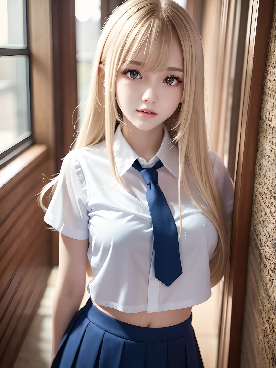 portlate、School Uniforms、bright expression、poneyTail、Young shiny shiny white shiny skin、Best Looks、Blonde reflected light、Platinum blonde hair with dazzling highlights、shiny light hair,、Super long silky straight hair、Beautiful bangs that shine、Glowing crystal clear attractive big blue eyes、Very beautiful nice cute 16 year old girl、Lush bust