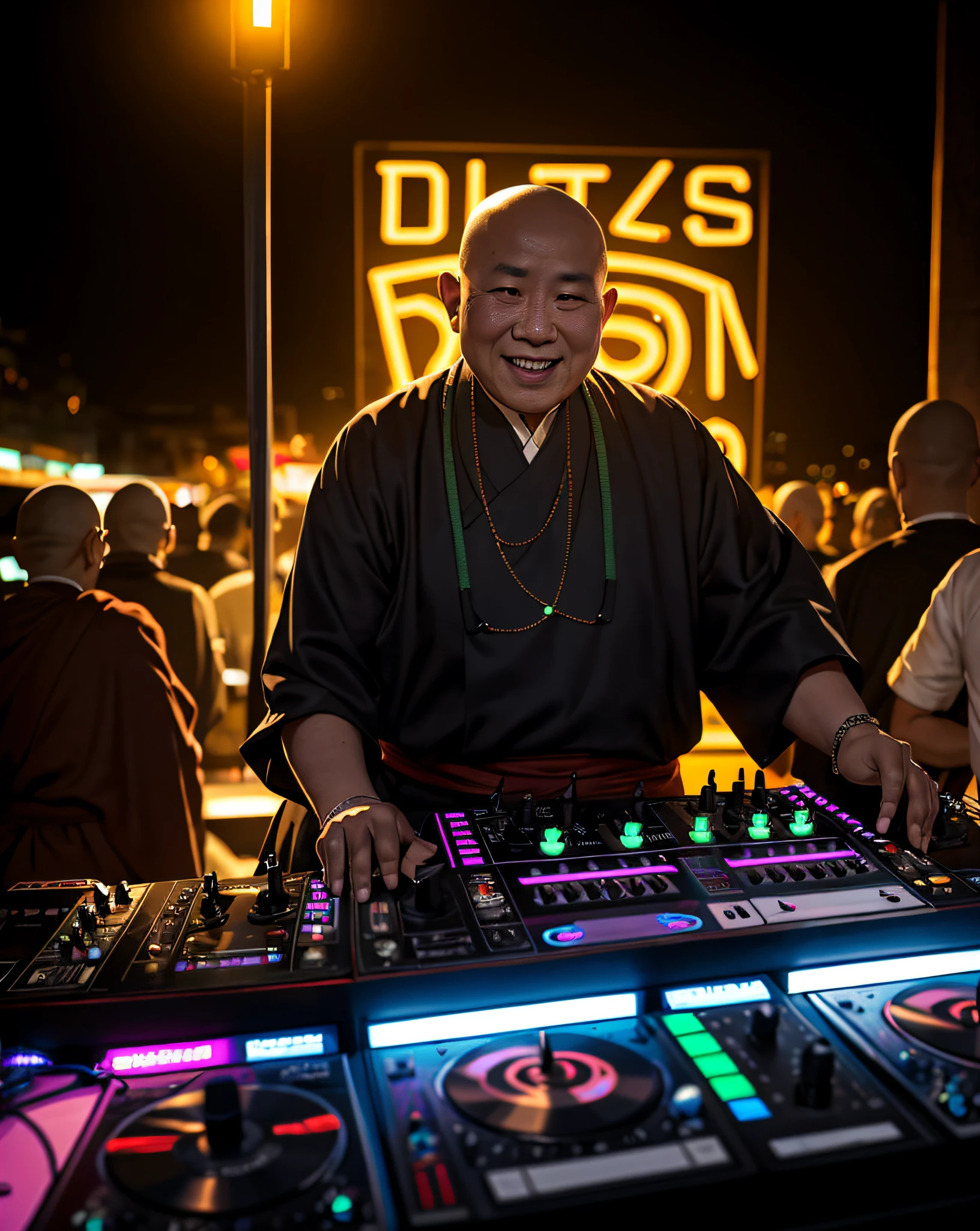 Illustration of a Tibetan elder fat monk playing a DJ.
the monk has skin head and fat body, old man, 
A scene in which a monk in a black monk's robe with a shaved head is operating a DJ player in front of the DJ booth. age of 55, 
In the background, the neon lights of a night club shine.
The monk has a smile on his face, and he seems to be enjoying himself as a DJ.
The people around me are dancing to the monk's DJ.