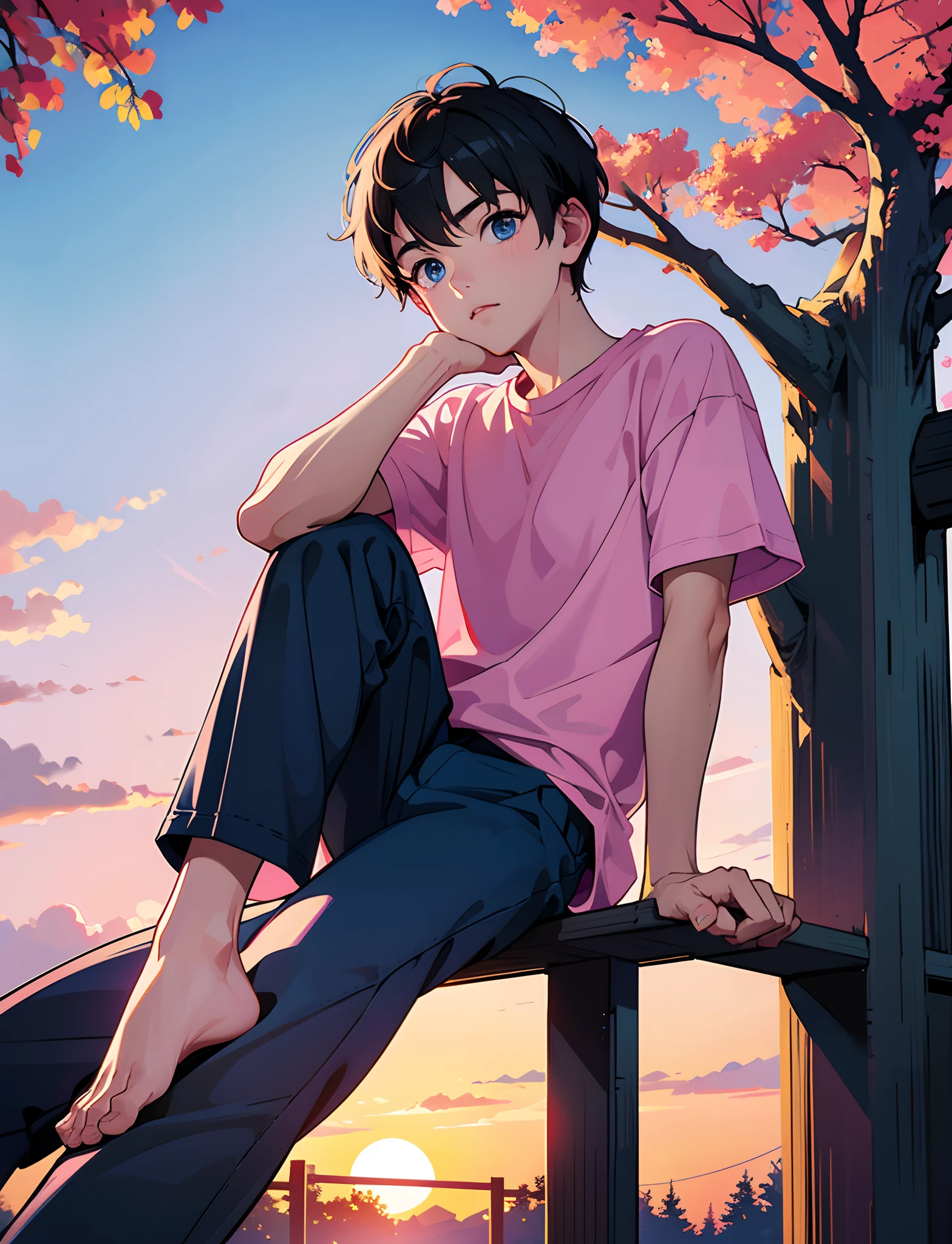 A young boy with，Wearing a pink t-shirt，blue color eyes，sitting in park，Looking at the sky，Big tree in the background，Sunset and sunset，Full body photo with close-up close-up，Ultra-high definition