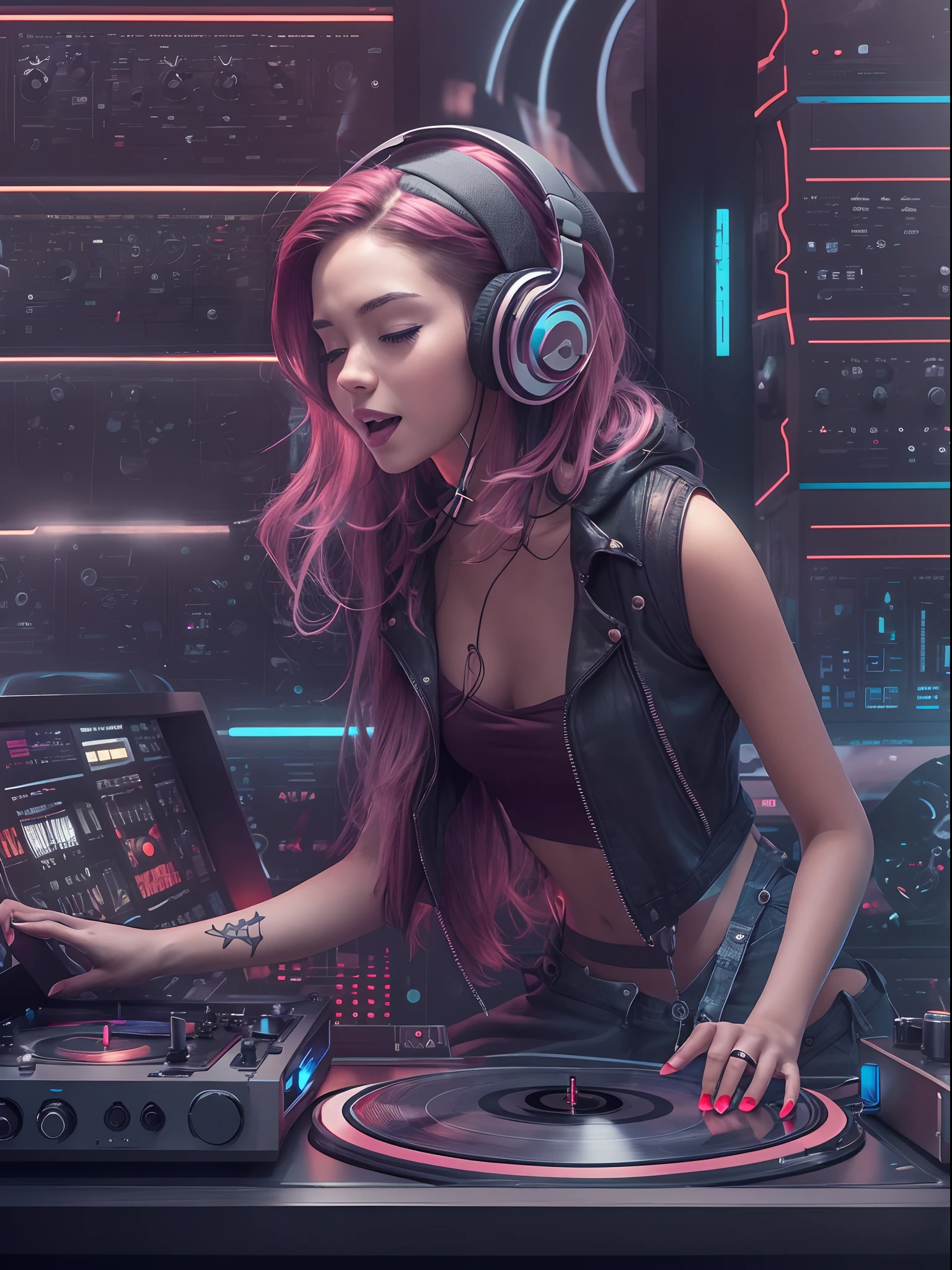 一位年轻的女 DJ 在科幻 DJ 桌上戴着黑胶唱片机，（身体的上半部分）, 看看人群，控制论增强了舞台上高度详细的未来学家，她穿着未来主义风格的服装，戴着双面听力耳机，她头上戴着一顶 Rosotto 帽子，兴奋地大笑，身体随着音乐摆动，动态视角，