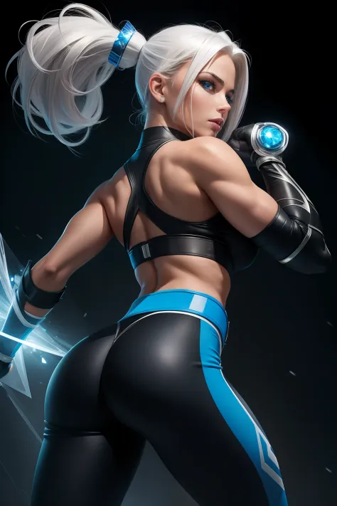 (Masterpiece, 4k resolution, ultra-realistic, very detailed) a superheroine, has ice powers, white hair ponytail, back midriff with blue outlines and a snowflake symbol on her right, has black gloves with fur on her the wrist part, wears black tight pants,...