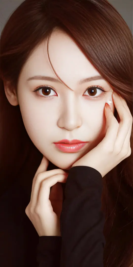 a close up of a woman with long hair and a black shirt, beautiful Korean women, popular korean makeup, young lovely Korean faces...