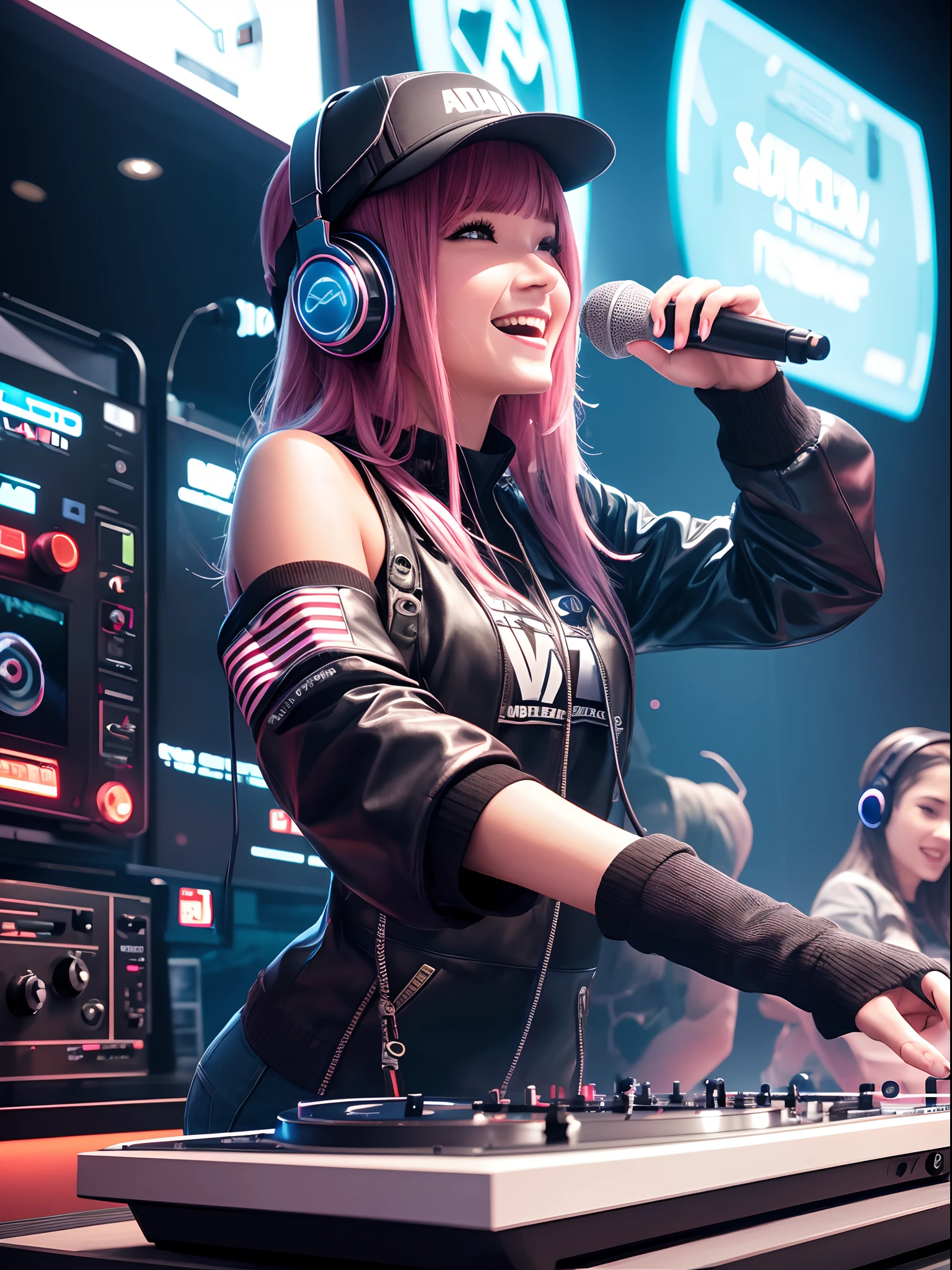 一位年轻的女 DJ 在科幻 DJ 桌上戴着黑胶唱片机，（身体的上半部分：1.5）, 看看人群，控制论增强了舞台上高度详细的未来学家，她穿着未来主义风格的服装，戴着双面听力耳机，她头上戴着一顶 Rosotto 帽子，兴奋地大笑，动态视角，