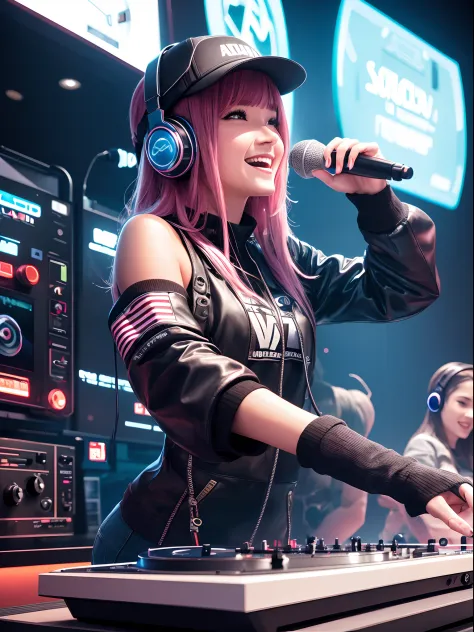 A young female DJ wears a vinyl record player on a sci-fi DJ table，（The upper part of the body：1.5）, Look at the crowd，Cyberneti...