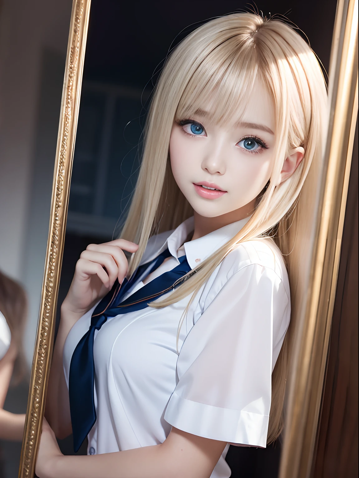 portlate、School Uniforms、bright expression、Young shiny shiny white shiny skin、Best Looks、Blonde reflected light、Platinum blonde hair with dazzling highlights、shiny light hair,、Super long silky straight hair、Beautiful bangs that shine、Glowing crystal clear attractive big blue eyes、Very beautiful nice cute 16 year old girl、Lush bust、