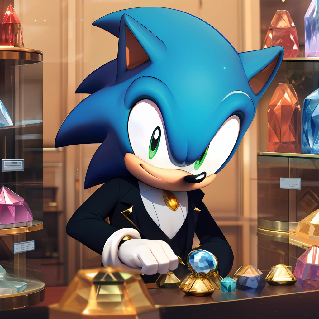 Sonic o ouriço sorrindo, em uma loja de pedras preciosas com várias vitrines com belas joias