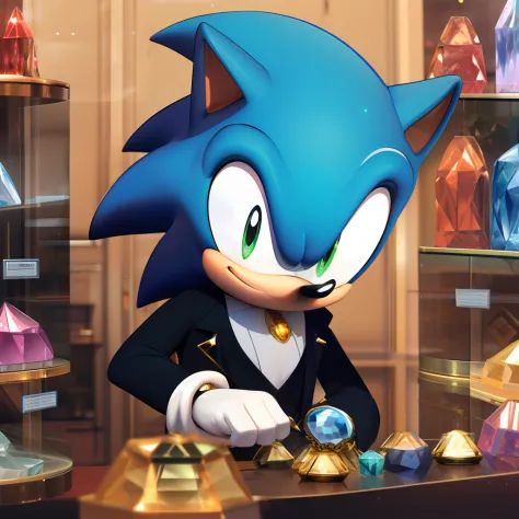 sonic the hedgehog smiling, in a gemstone shop with several display cases with beautiful jewelry