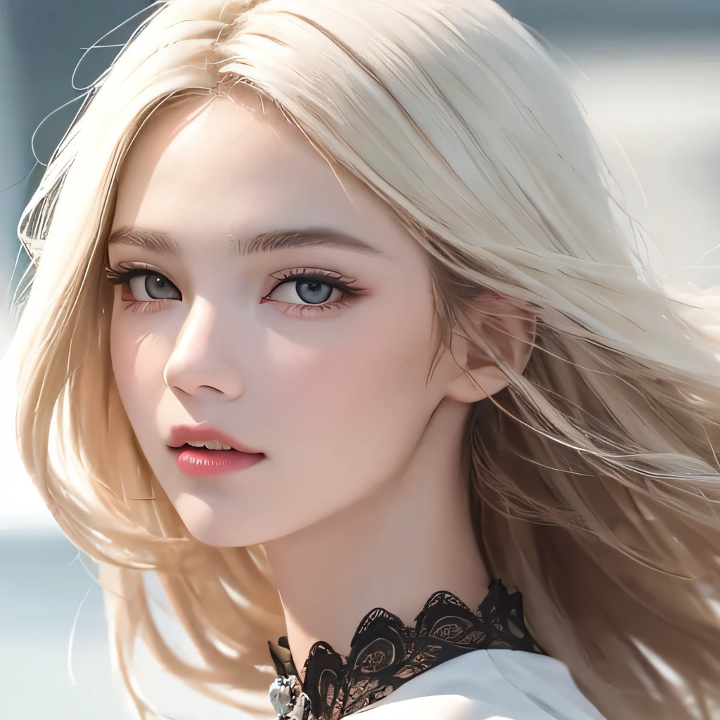 (8K, RAW Photos, of the highest quality, Masterpieces: 1.2), (Realistic, Photorealistic: 1.37), Highest Quality, Ultra High Resolution, light  leaks, Dynamic lighting, Slim and smooth skin, (Full body:1.3), (Soft Saturation: 1.6), (Fair skin: 1.2), (Glossy skin: 1.1), Oiled skin, 22 years old, Night, shiny white blonde, Well-formed, Hair fluttering in the wind, Close-up shot of face only, Physically Based Rendering, From multiple angles, Bvlgari dresses