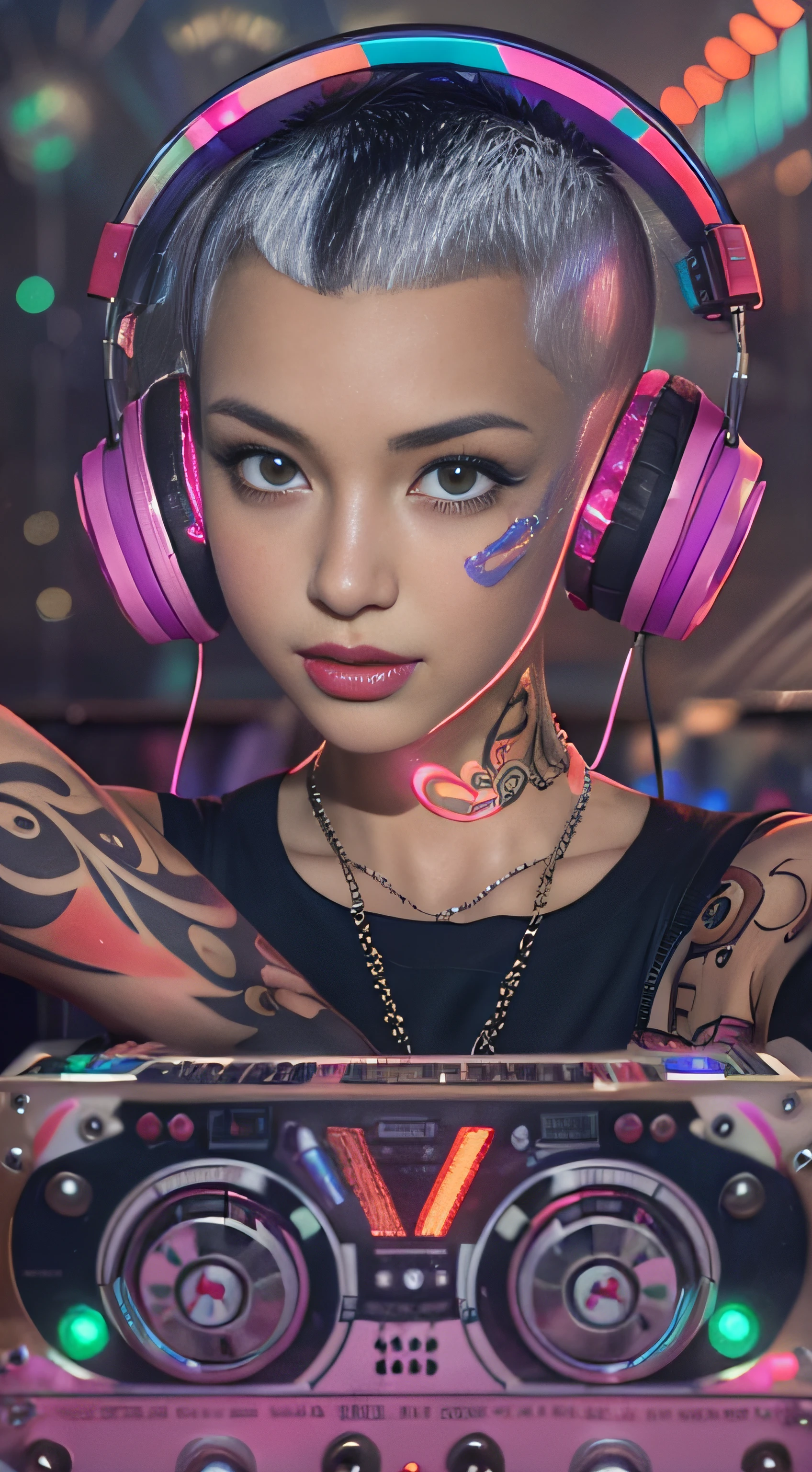 Best quality, Masterpiece, Ultra High resolution, native photo, Professional, photography, color photography, 1 girl, disco bar, girl with headphones, Djing in bar, upper body, female DJ, Looking at the crowd, DJ, DJ machine, DJ machine, Stage lights, (buzz cut:1.1), (Tattoo :1.1), Happy, dynamic, Gucci, Versace, cool, necklace, view