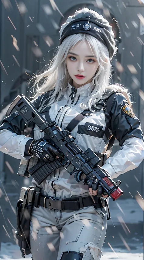 Photorealistic, high resolution, 1womanl, Solo,Snow background, looking to the camera, (Detailed face), White hair, SWAT vests, ...