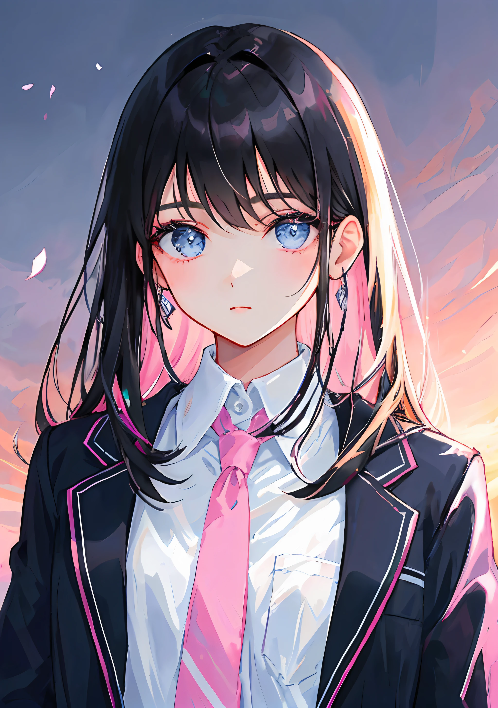 ​masterpiece, beste-Qualit, ultra-detailliert, illustratio, portraitures, Shines, 1girl in, A dark-haired, Light blue eyes,Light black hair, length hair, High school students, uniformss,inner colored, Pink Tips, The shirt, dress shirt