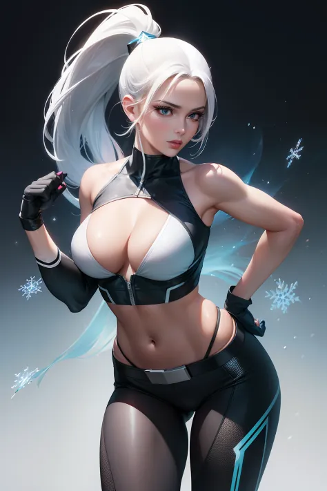 (Masterpiece, 4k resolution, ultra-realistic, very detailed) a superheroine, has ice powers, white hair ponytail, back midriff with blue outlines and a snowflake symbol on her right, has black gloves with fur on her the wrist part, wears black tight pants,...