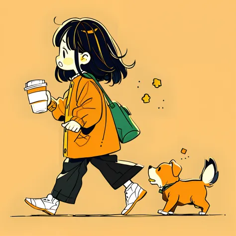 Cartoon girl walking with coffee and dog, cute illustration, lovely art style, by Yang J, By Ni Duan, walking to work, author：Kaneokase Kane, author：Naohisa Inoue, lofi-girl, Illustration style, author：Shinki Shiro, illustration line art style, Cartoon sty...