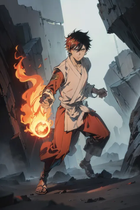 male people，Martial artist，youth，with short black hair，Fist sleeve flame，armor